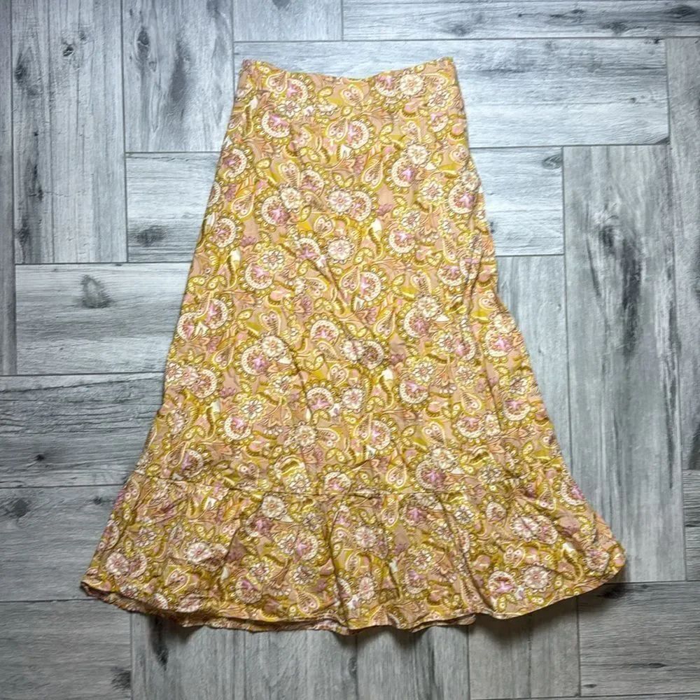 OPT Women's Pink Mustard Ruffle Hem Cotton Midi Skirt Size XS